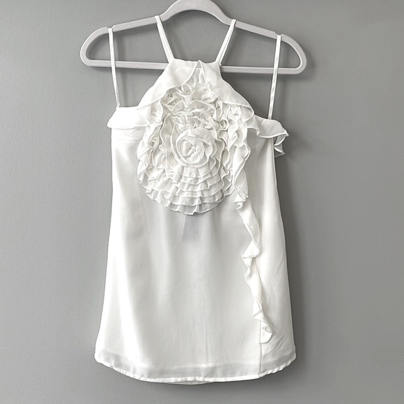 Rain Tops - Rain Cream Flower Rose Ruffled Halter Blouse-Small